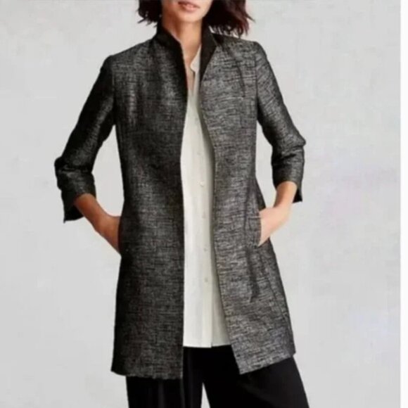 Eileen Fisher Jackets & Blazers - Eileen Fisher Women's Grey and Silver Silk Blend Jacquard Duster Jacket Size M